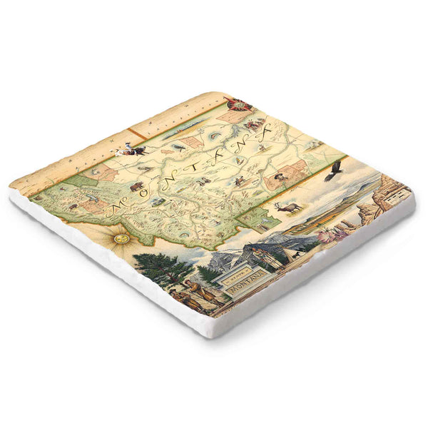 Montana natural stone trivet by Xplorer Maps featuring a hand-drawn map and wildlife art on 6x6 Boccini marble with cork backing.