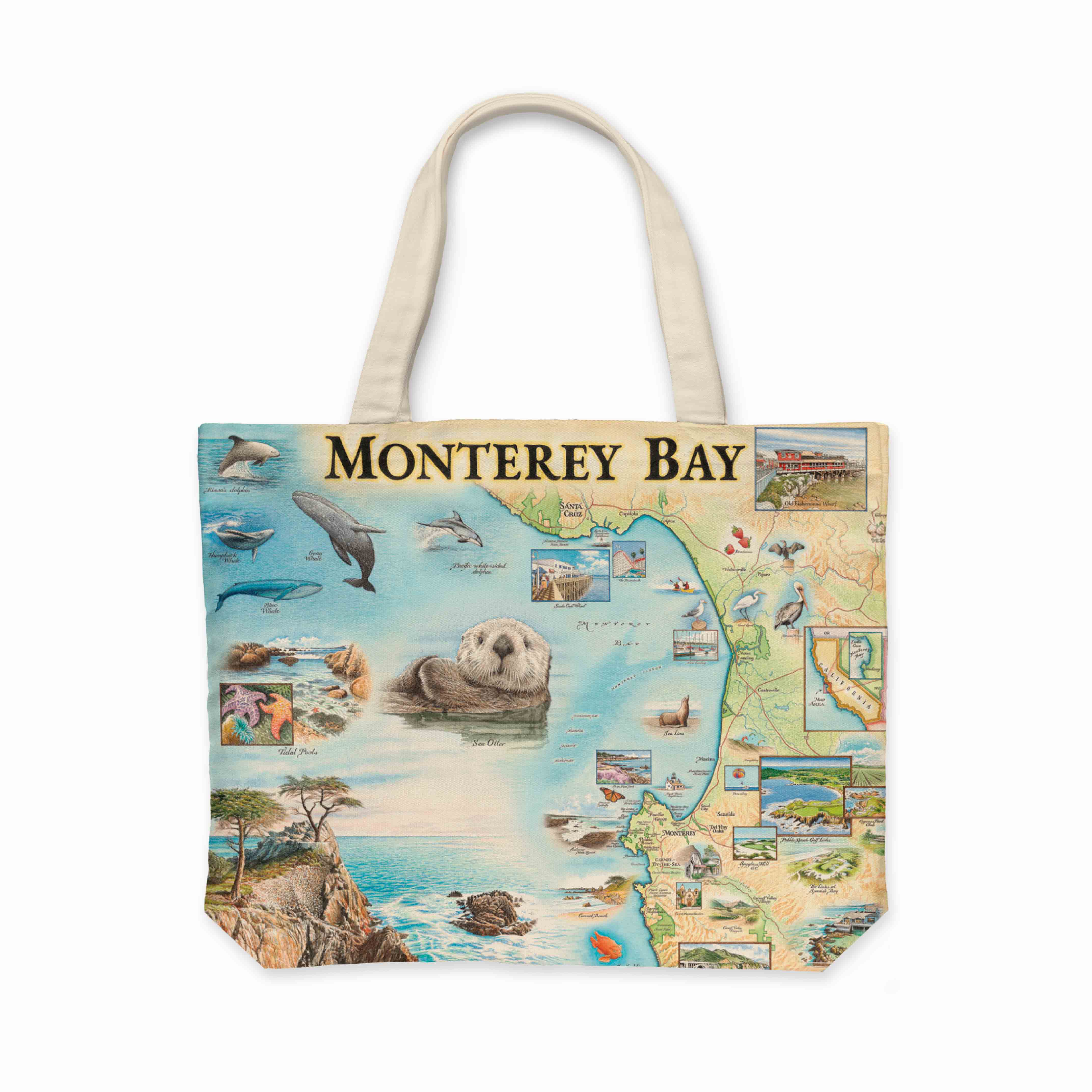Monterey Bay canvas tote bag with handles, measuring 18