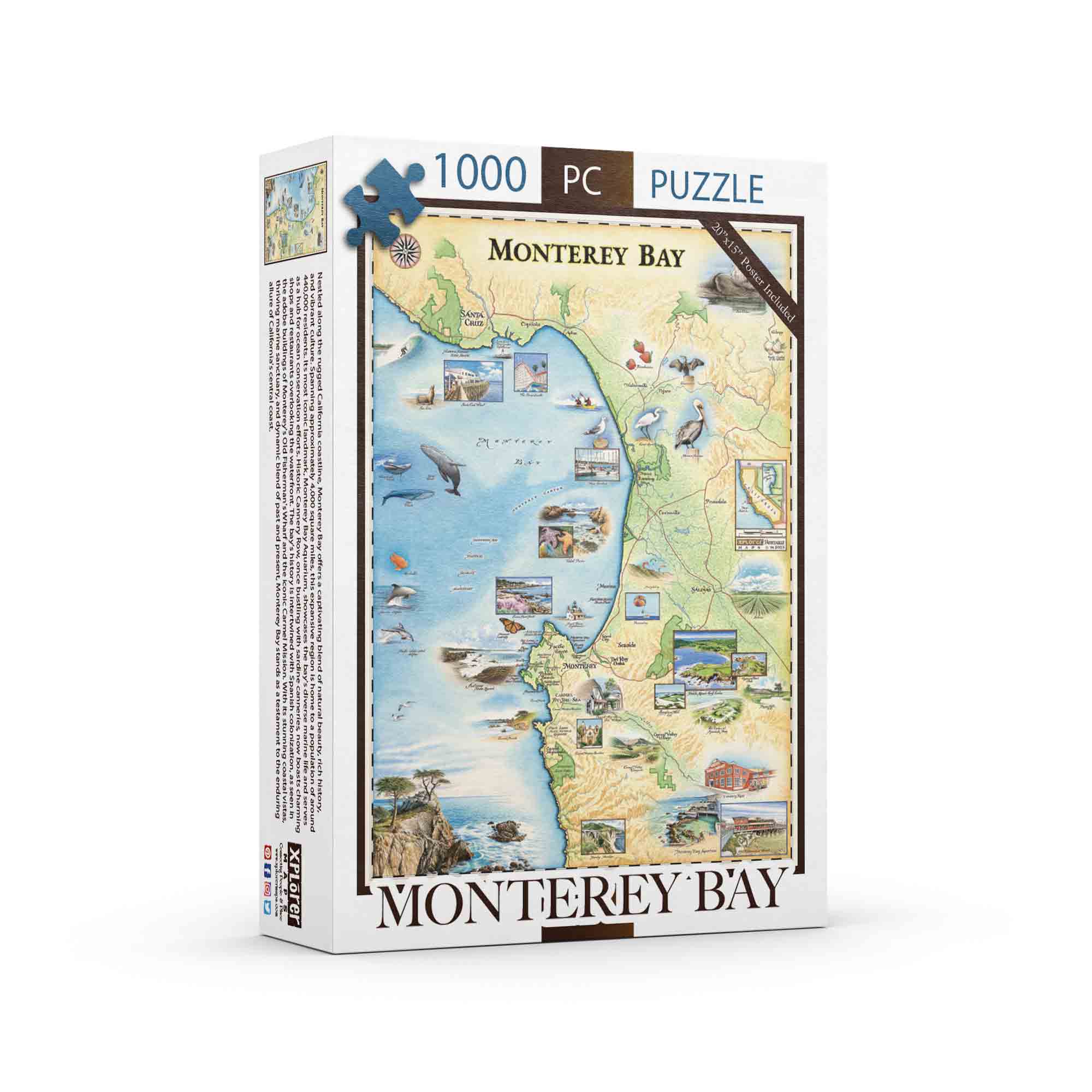 Monterey Bay 1000-piece puzzle featuring intricate map design by Xplorer Maps, with reference poster included.