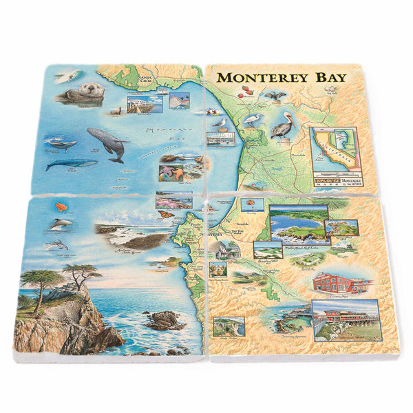 Natural stone coasters crafted from imported Boccini Marble sourced directly from Turkey, showcasing the Monterey Bay map highlighting the California coastline and sealife motifs.