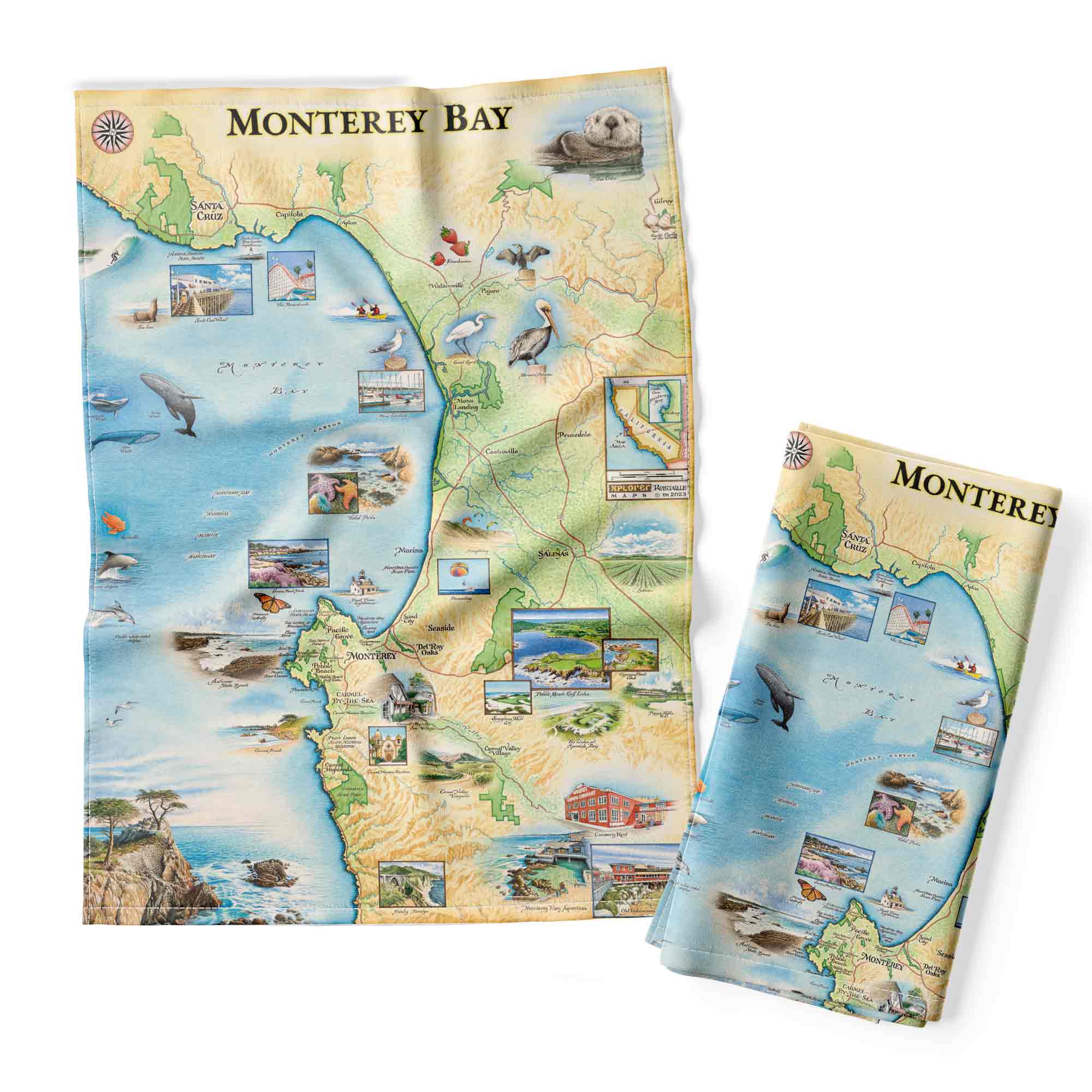 Monterey Bay dishtowel with a hand-drawn map design printed on 100% cotton flour sack. Ocean-inspired, absorbent, and machine-washable kitchen towel.