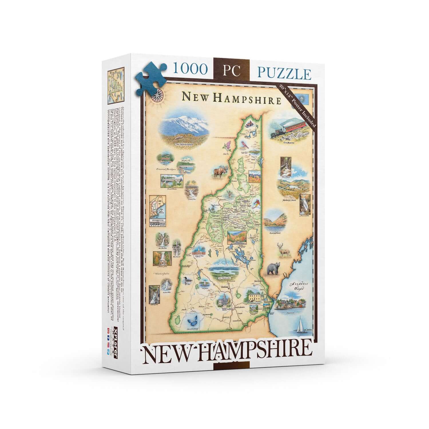 New Hampshire State Map Jigsaw Puzzle by Xplorer Maps. The map features illustrations of the Cog Railway, Crawford Notch, Portsmouth, moose, deer, and Mount Washington.