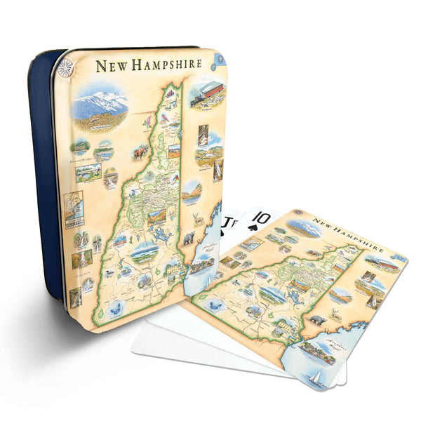 New Hampshire Map Playing cards that features iconic attractions, flora and fauna of that area - Blue Metal Tin
