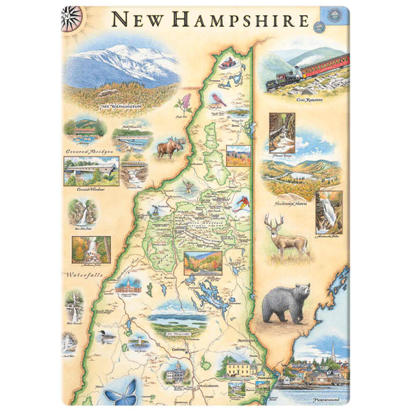 Bring the beauty of New Hampshire home with this charming magnet. Featuring illustrated pictures of iconic attractions like the Cog Railway, majestic wildlife such as bears, deer, and moose, picturesque waterfalls, and the towering Mt. Washington, it showcases the state's scenic landscapes and rustic charm. With illustrations of notable cities like Manchester and Concord, it's the perfect way to showcase your love for the Granite State on your refrigerator or magnetic surface.