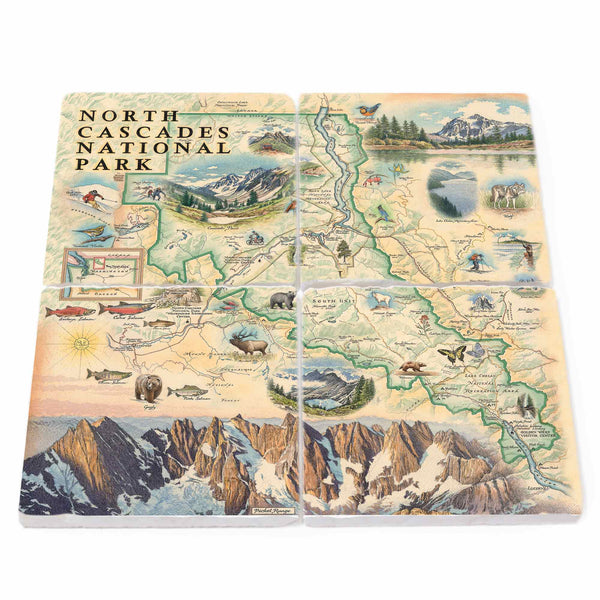 Image: North Cascades National Park stone coasters featuring popular attractions like Cascade Pass, Diablo Lake, Picket Range, and Lake Chelan Mountain, amidst diverse flora including alpine wildflowers, old-growth forests, and cascading waterfalls, alongside abundant fauna such as black bears, mountain goats, bald eagles, wolverines, and salmon.