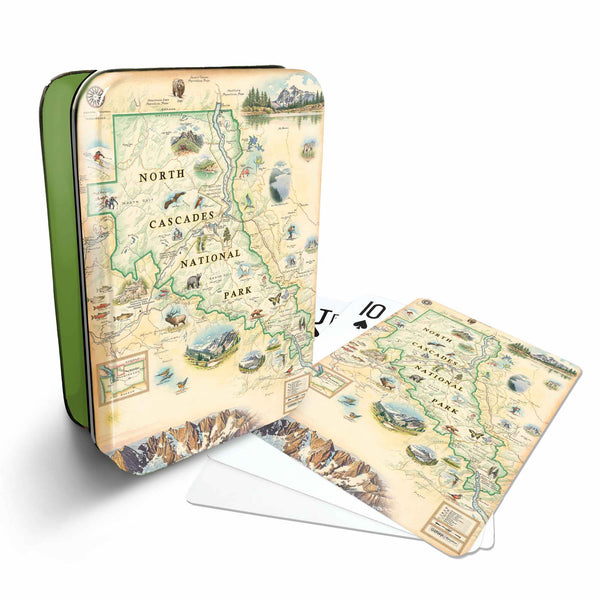 North Cascades National Park Map Playing cards that features iconic attractions, flora and fauna of that area - Green Metal Tin