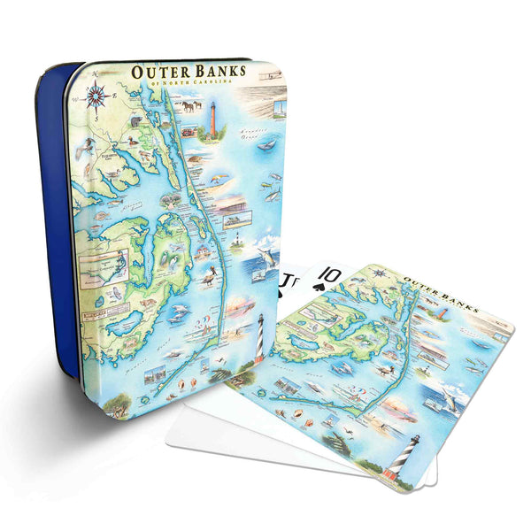 Outer Banks, North Carolina Map Playing cards that features iconic attractions, flora and fauna of that area - Blue Metal Tin