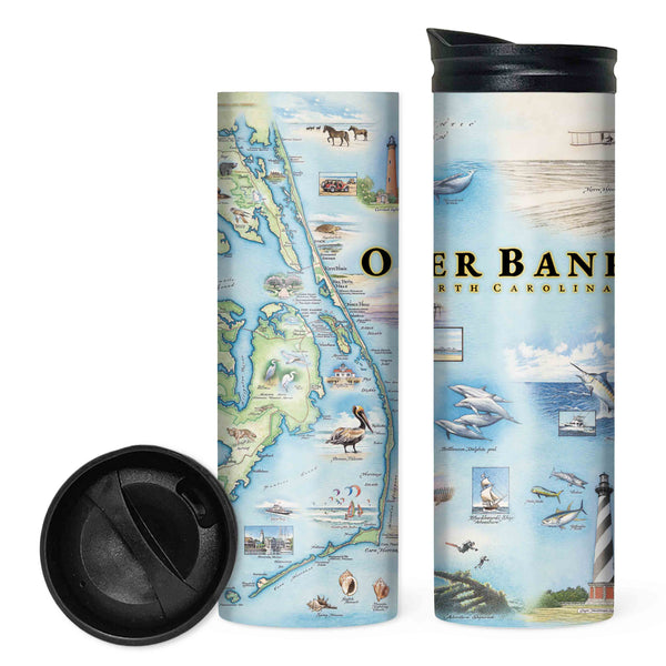 Front and back view of Outer Banks travel tumbler with hand-drawn map design by Xplorer Maps.