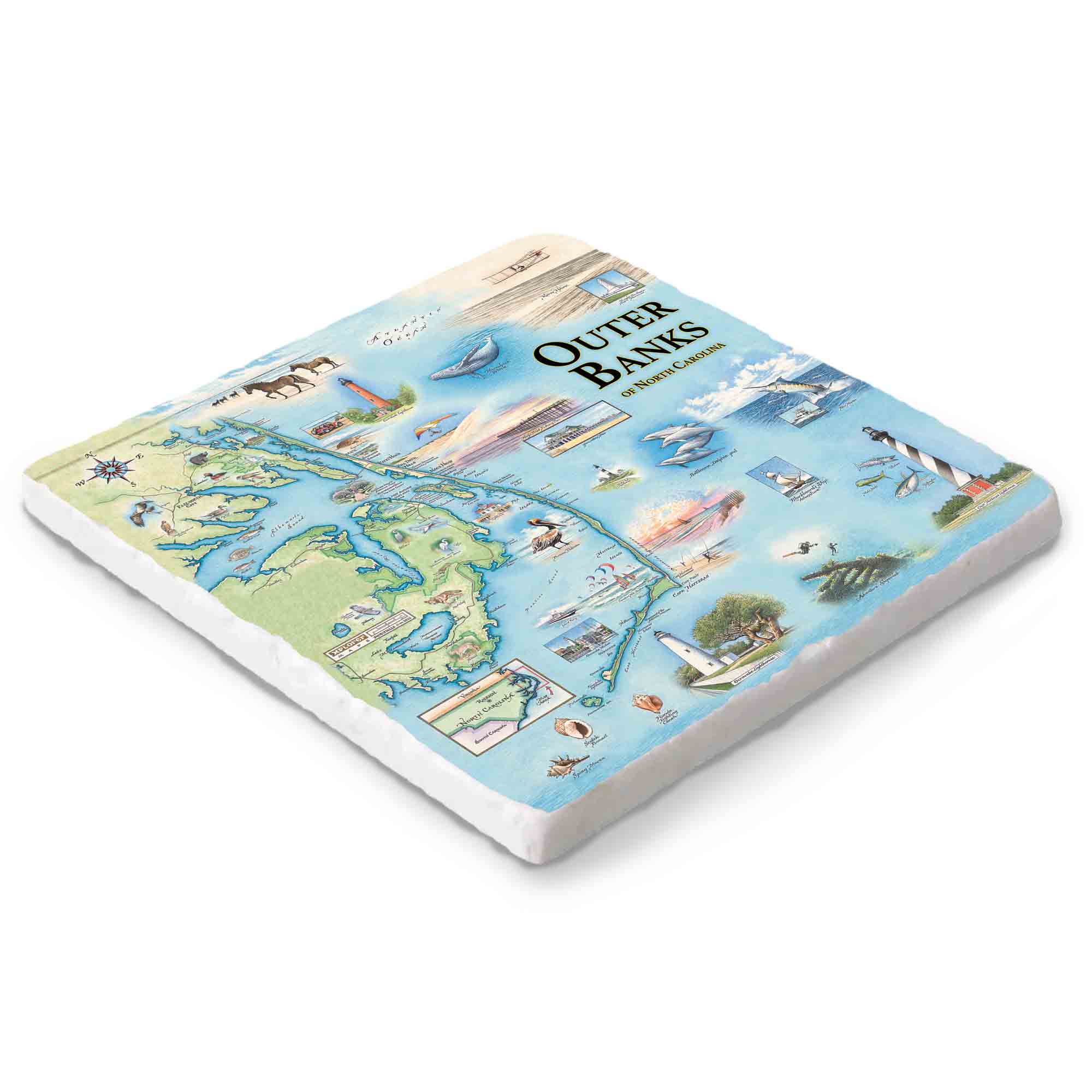 Outer Banks marble trivet with hand-drawn coastal artwork – 6x6 by Xplorer Maps.