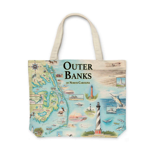Carry the coastal charm of the Outer Banks with you wherever you go with this spacious canvas tote bag. Featuring serene beach scenes, iconic lighthouses, and vibrant marine life, it's the perfect accessory for beach outings and everyday adventures in this beloved North Carolina destination.