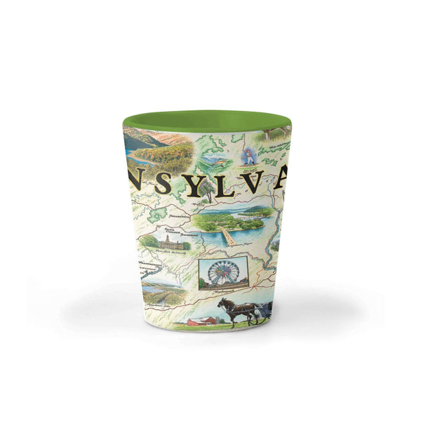 Pennsylvania State Ceramic Shot Glass - Xplorer Maps - 1.5 oz. Featuring Amish Horse and buggy, ferris wheel, Capitol buildings, baseball, bridges and deer.