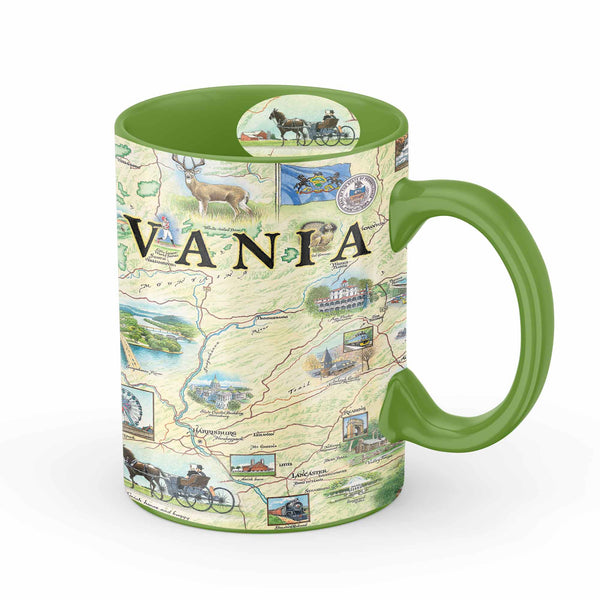 Pennsylvania State coffee mug front view. Featuring Pittsburg, Philadelphia, Hersey, Amish horse and buggy, Poconos, waterfalls, deer, trains, and buildings.