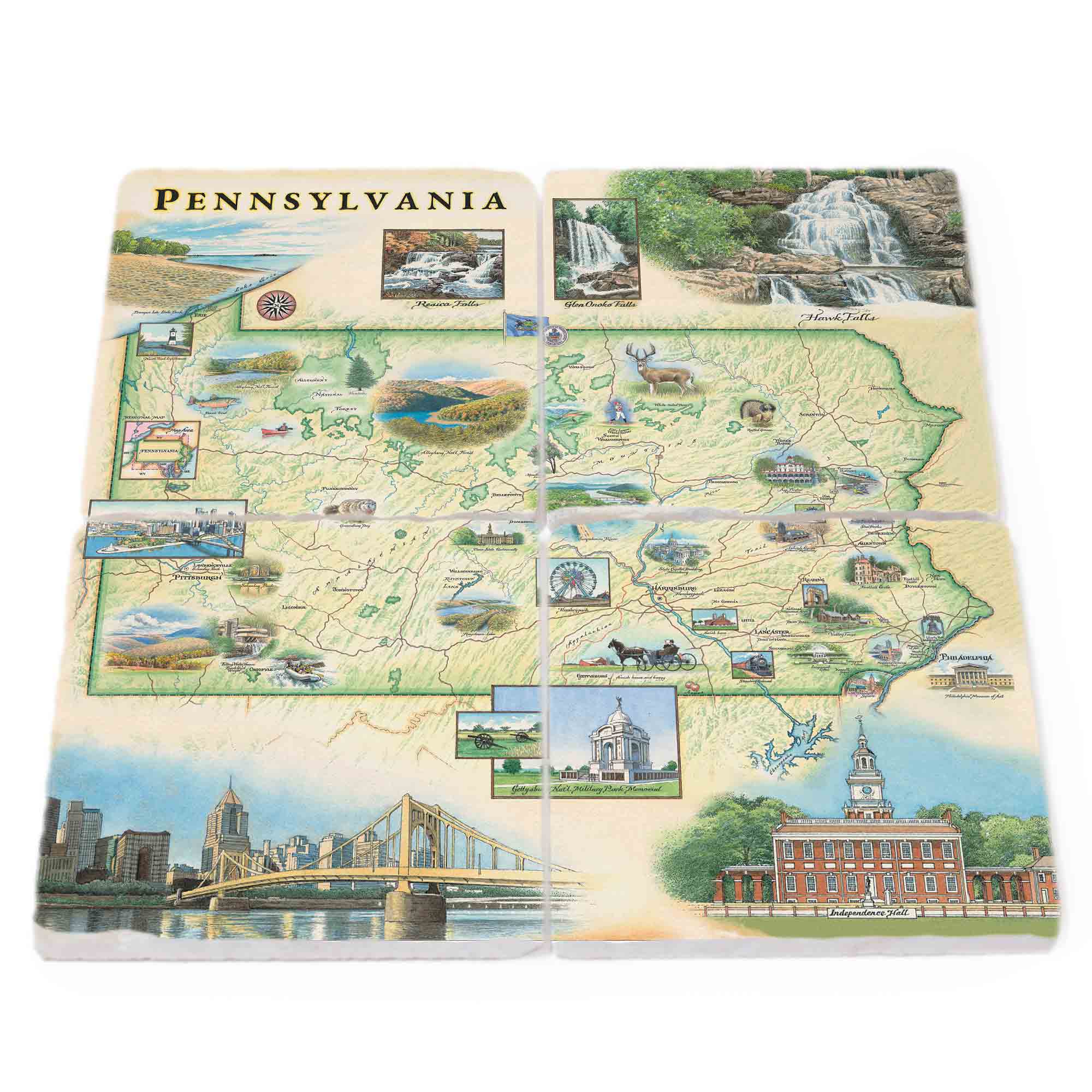 Pennsylvania State Map natural stone coasters set of four by Xplorer Maps. The Map features Pittsburg, Philadelphia, Hersey, Amish horse and buggy, Poconos, waterfalls, deer, trains, and buildings.