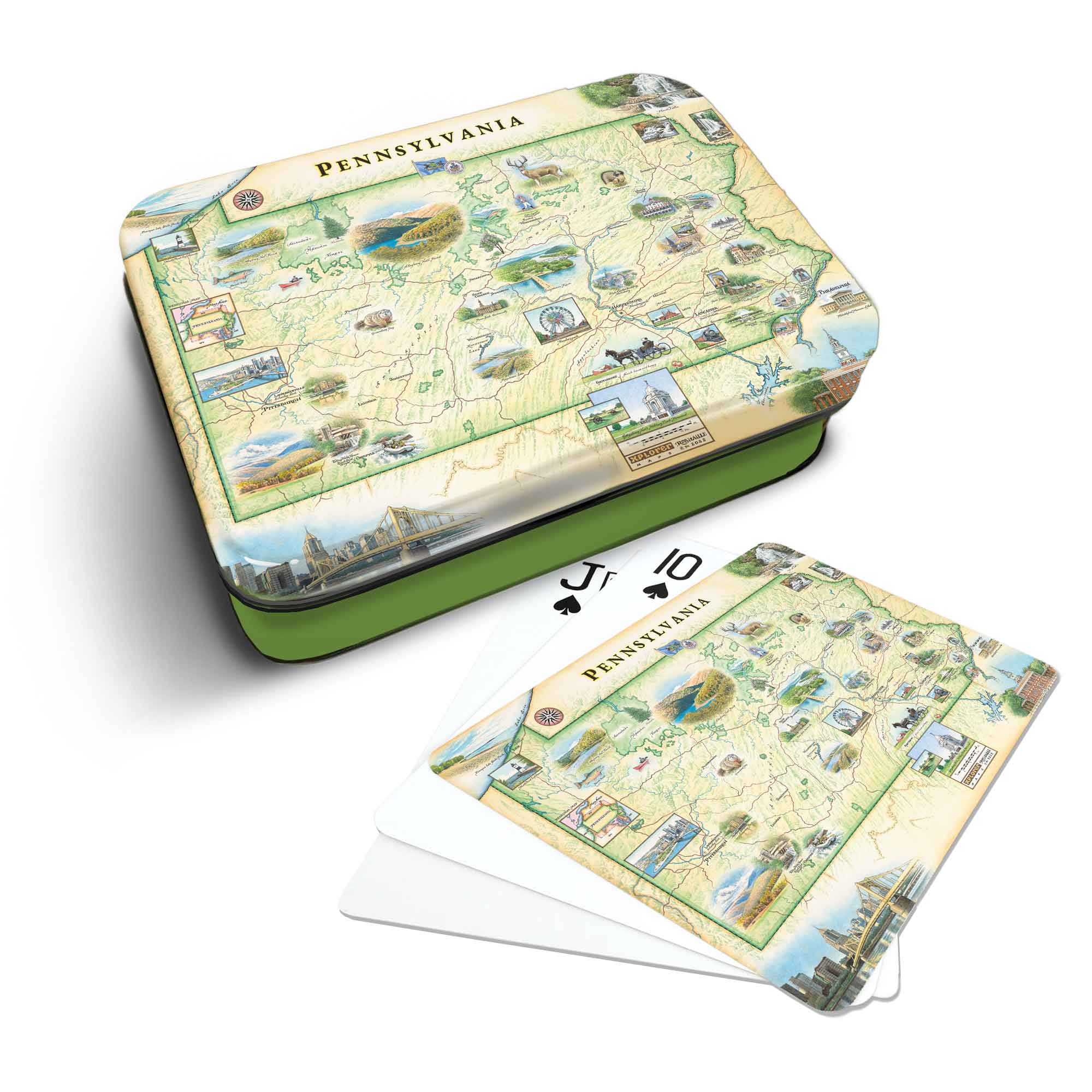 Pennsylvania Map Playing cards that features iconic attractions, flora and fauna of that area - Green Metal Tin