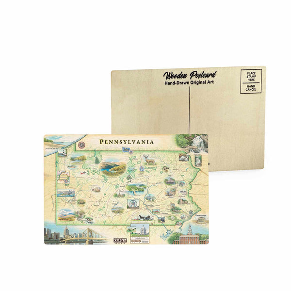 Pennsylvania state map wooden postcard in earth tone blues and greens with hand-drawn illustrations of Hershey Park, Valley Forge, Punxsutawney Phil, brook trout, and mountain laurel.