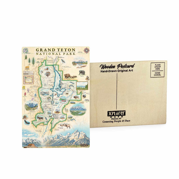 Rocky Mountain National Park Map wooden postcard in earth tone colors featuring hand-drawn Longs Peak, alpine lakes, and wildlife like elk and mountain goats.