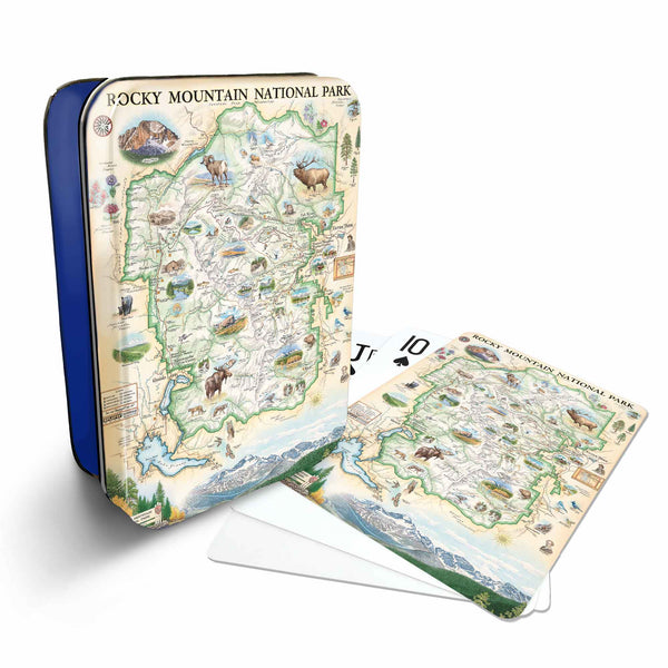 Rocky National Park Map Playing cards that features iconic attractions, flora and fauna of that area - Blue Metal Tin