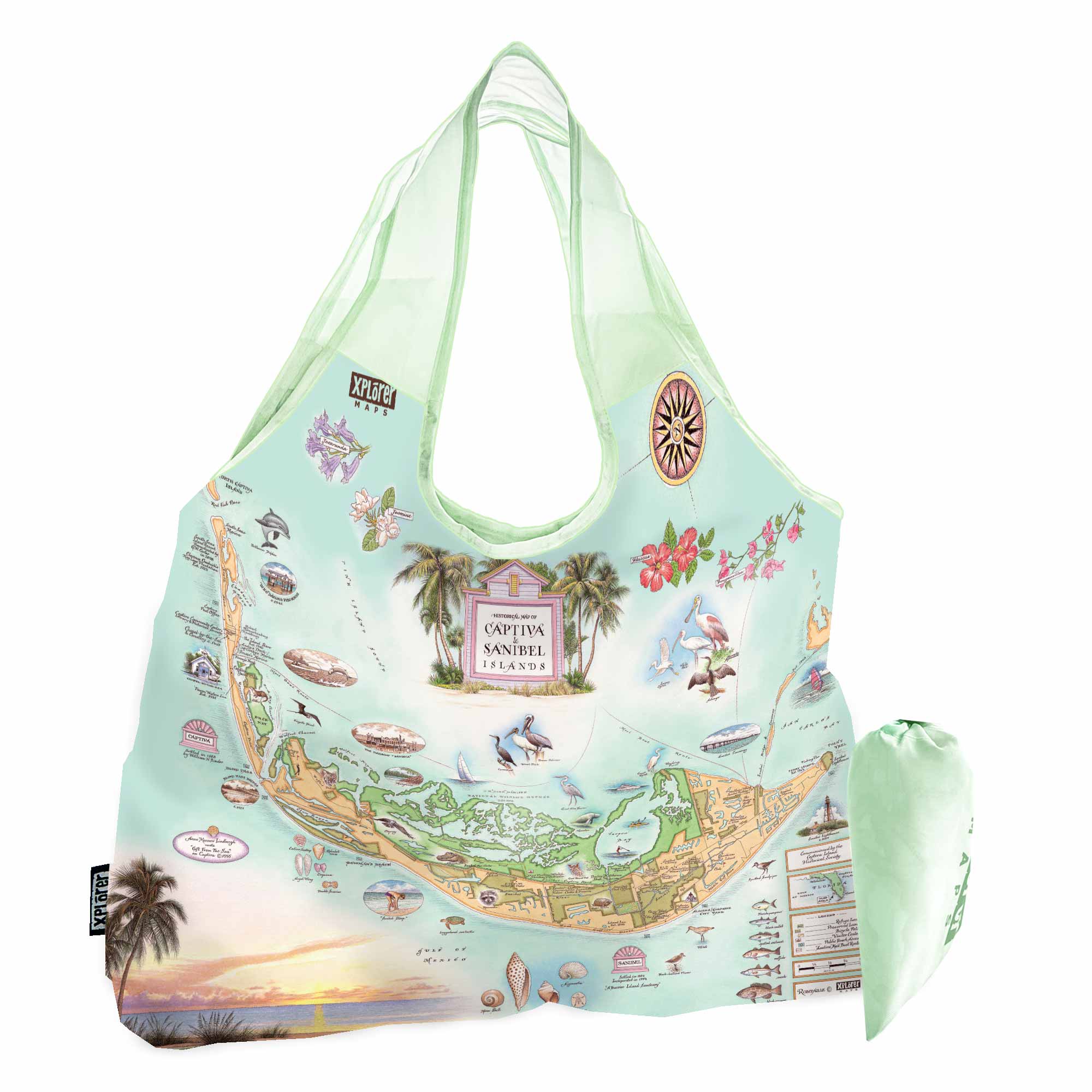 Sanibel and Captiva Islands map pouch tote bag with carrying case. Featuring a sunset, sea shells, flowers, and sea life.