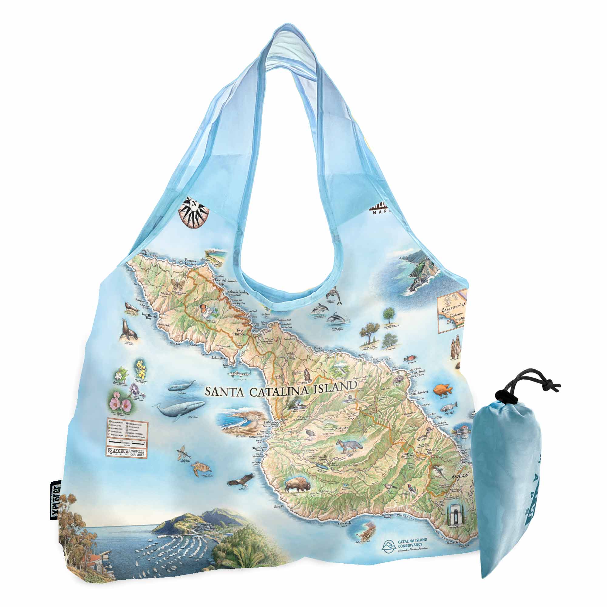 California's Santa Catalina Islands Map Pouch Tote Bags by Xplorer Maps. The map features illustrations of places such as Wrigley Memorial, El Rancho Escondido, and Avalon Bay. Flora and fauna include Bison, Catalina Island Fox, Catalina Orange Lip butterfly, Channel Islands tree poppy, and Island oak.