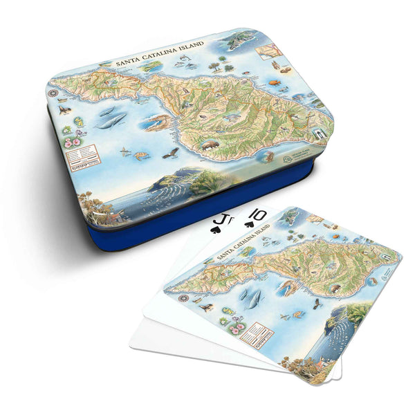 Santa Catalina Island Map Playing cards that features iconic attractions, flora and fauna of that area - Blue Metal Tin. 