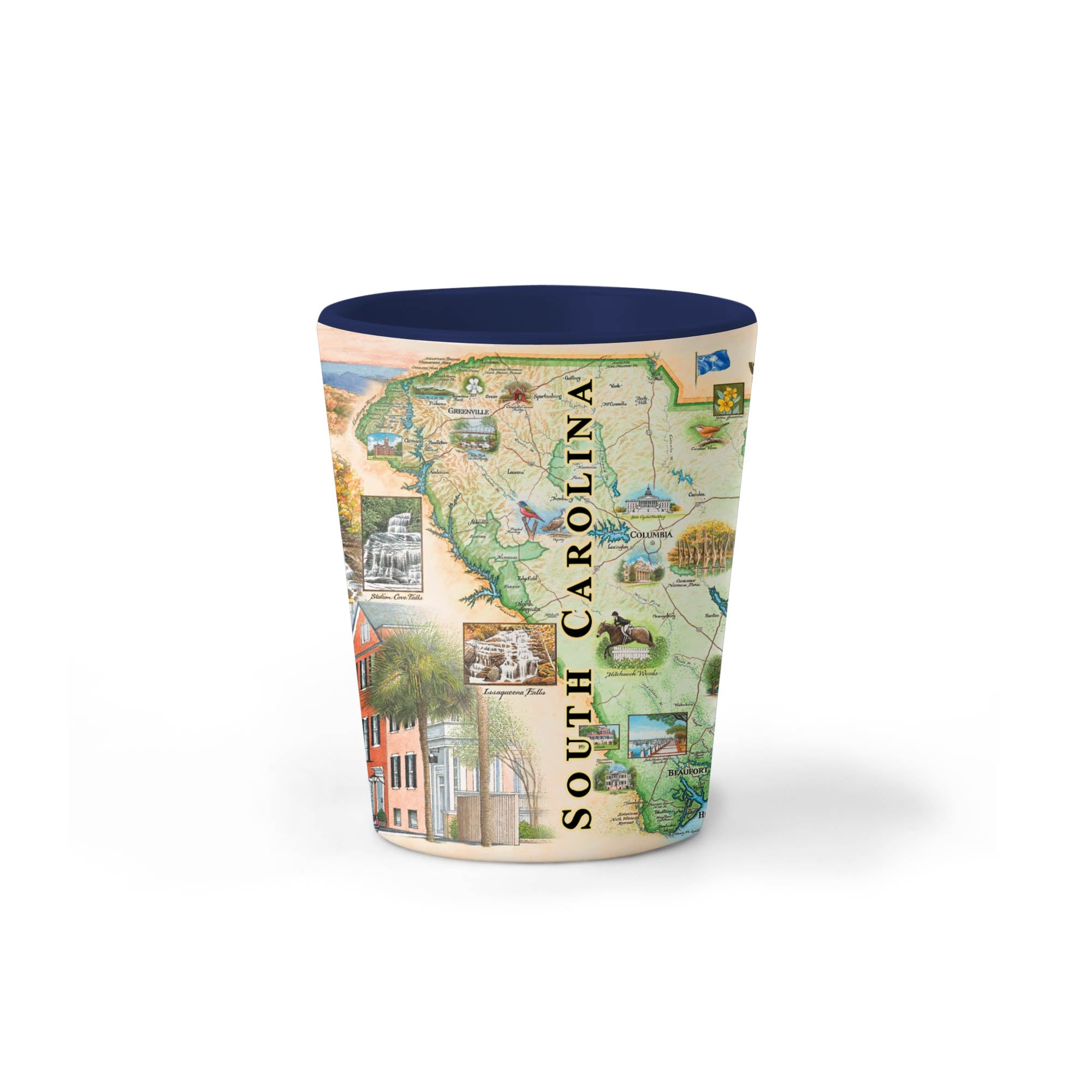 South Carolina Map Ceramic Shot Glass featuring detailed hand-drawn map artwork, showcasing the state's iconic landmarks and natural beauty.