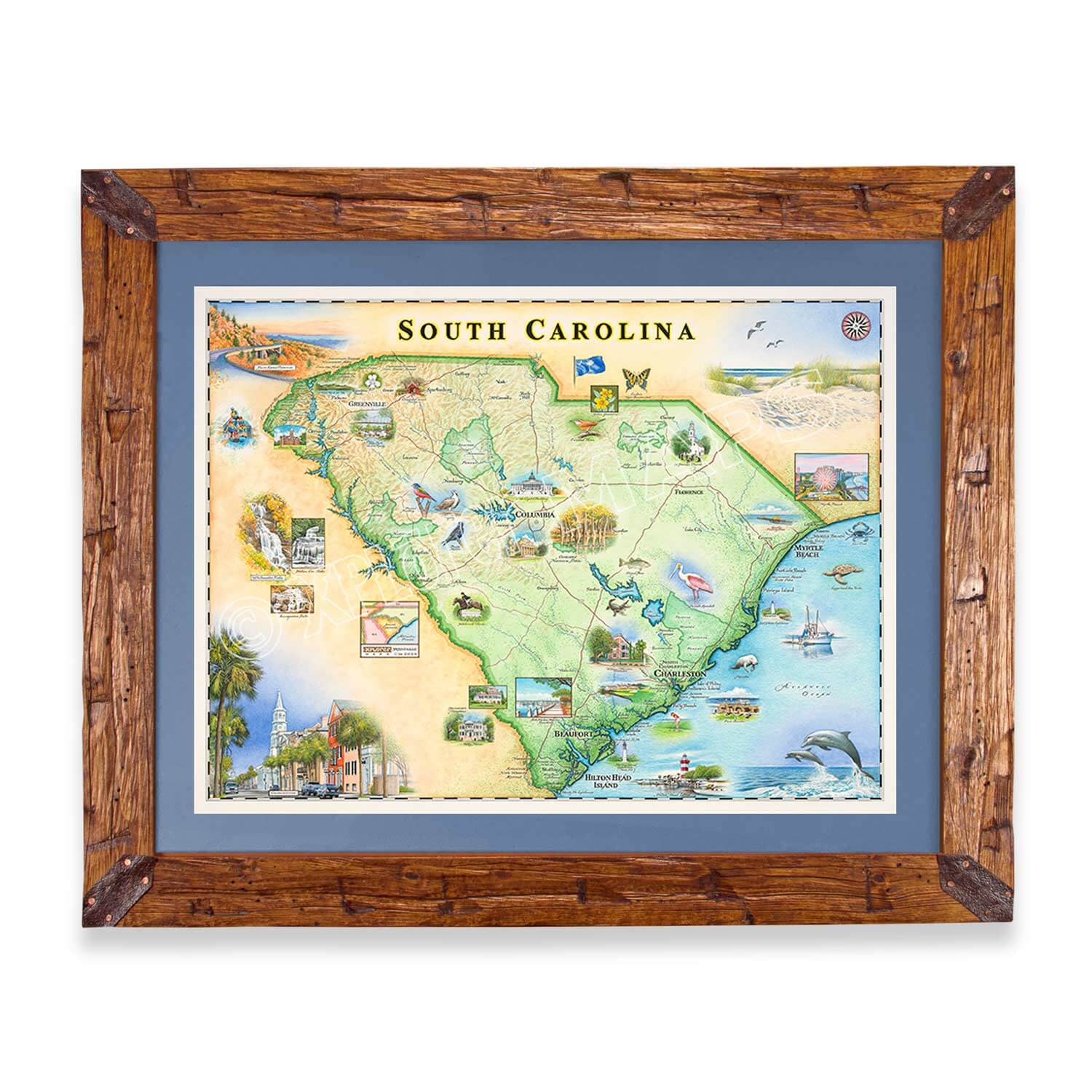 Montana Scraped Pine Frame with Blue Mat of South Carolina map by Chris Robitaille features landmarks like Charleston, Myrtle Beach, Hilton Head Island, and Congaree National Park. Highlighting Columbia, Greenville, and more, this 24