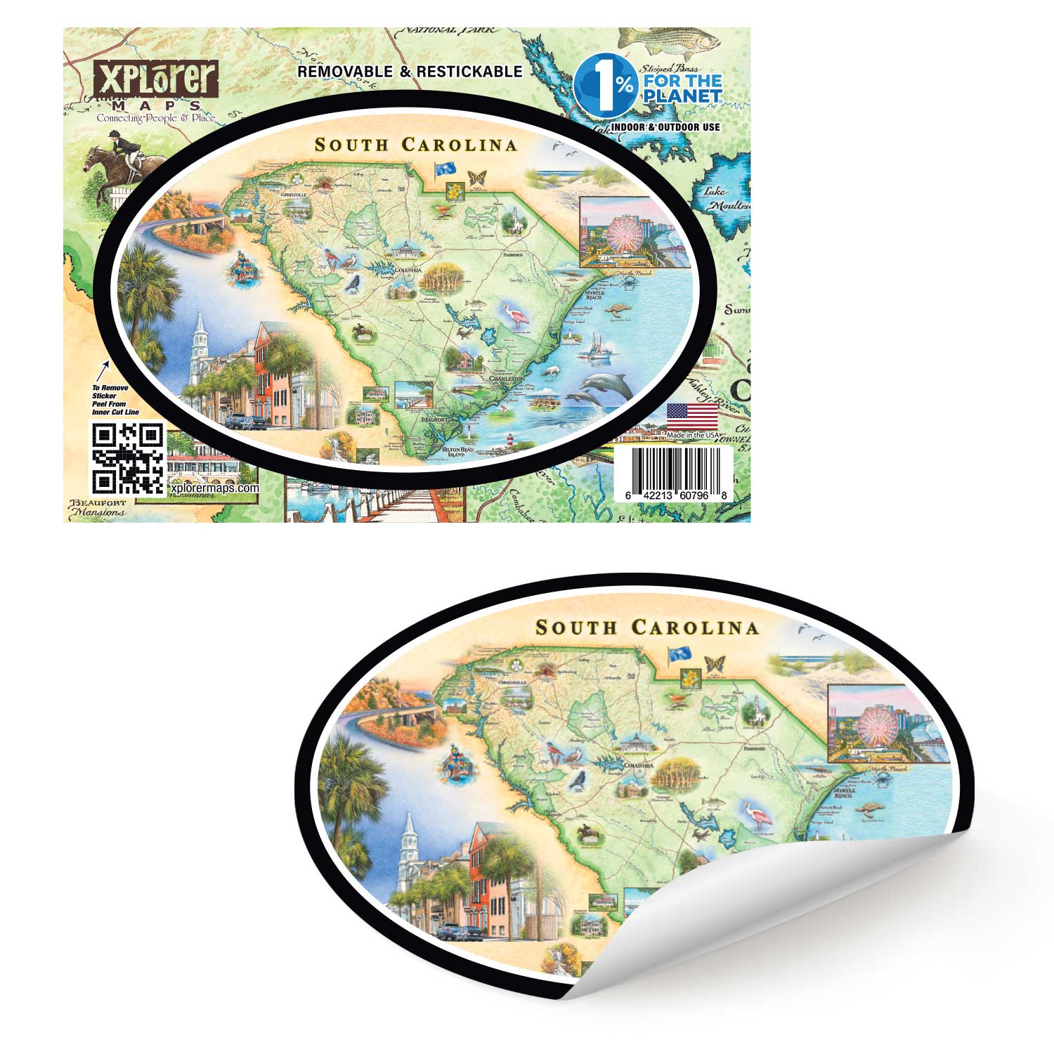 South Carolina oval sticker. Features the coastline, Hilton Head, Downtown Charleston and more.