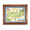 Hand-illustrated Tennessee map by Chris Robitaille features landmarks like the Great Smoky Mountains, Graceland, and Dollywood. Highlighting Nashville, Memphis, and more, this 24"x18" art print captures Tennessee's charm. Map is on a Montana scraped pine with a blue mat.