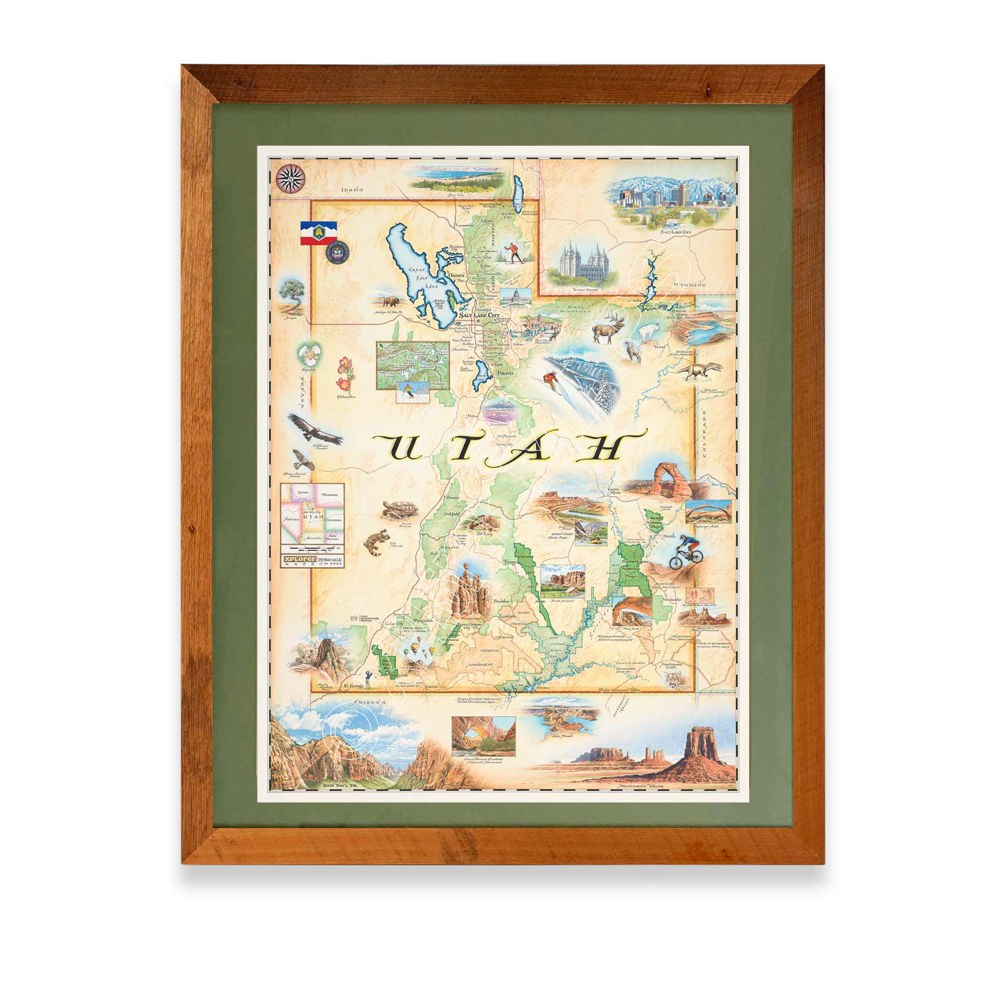 Utah State hand-drawn map in earth tones blues and greens. The map print is framed in reclaimed Montana Flathead Lake Larch with a green mat.