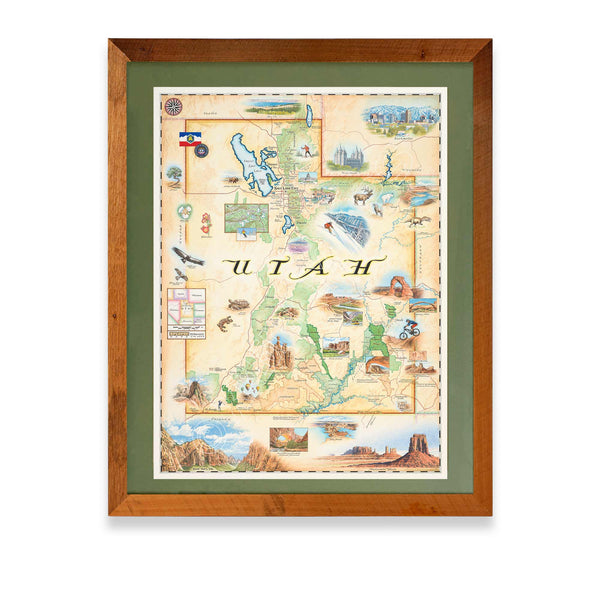 Utah State hand-drawn map in earth tones blues and greens. The map print is framed in reclaimed Montana Flathead Lake Larch with a green mat.
