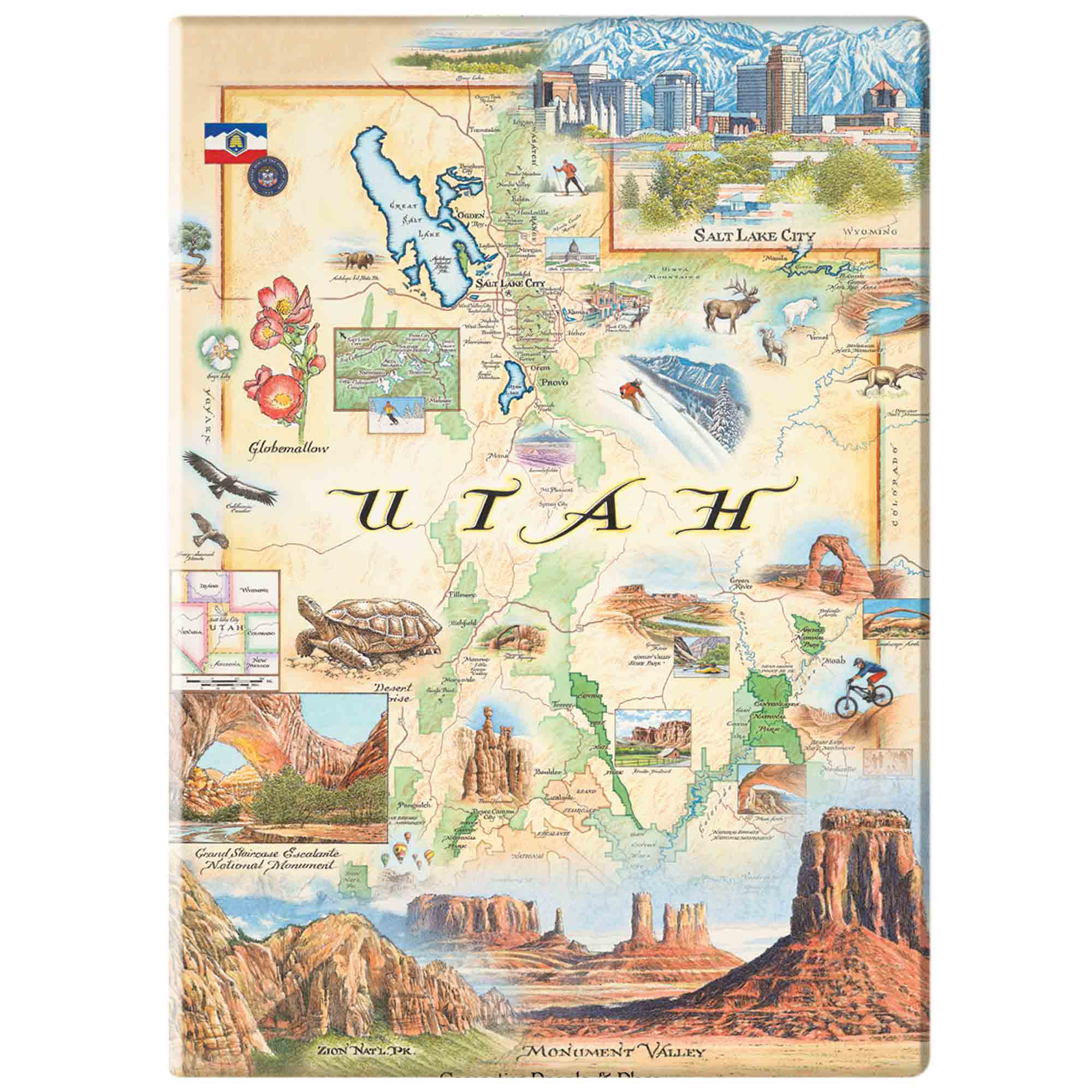 Utah State Map Magnets featuring intricate details of popular cities, iconic landmarks such as Arches National Park and Bryce Canyon, and vibrant flora and fauna indigenous to the region.