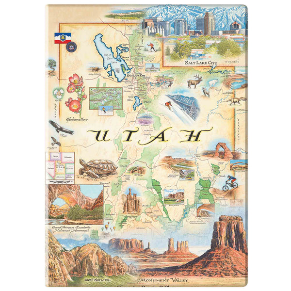 Utah State Map Magnets featuring intricate details of popular cities, iconic landmarks such as Arches National Park and Bryce Canyon, and vibrant flora and fauna indigenous to the region.