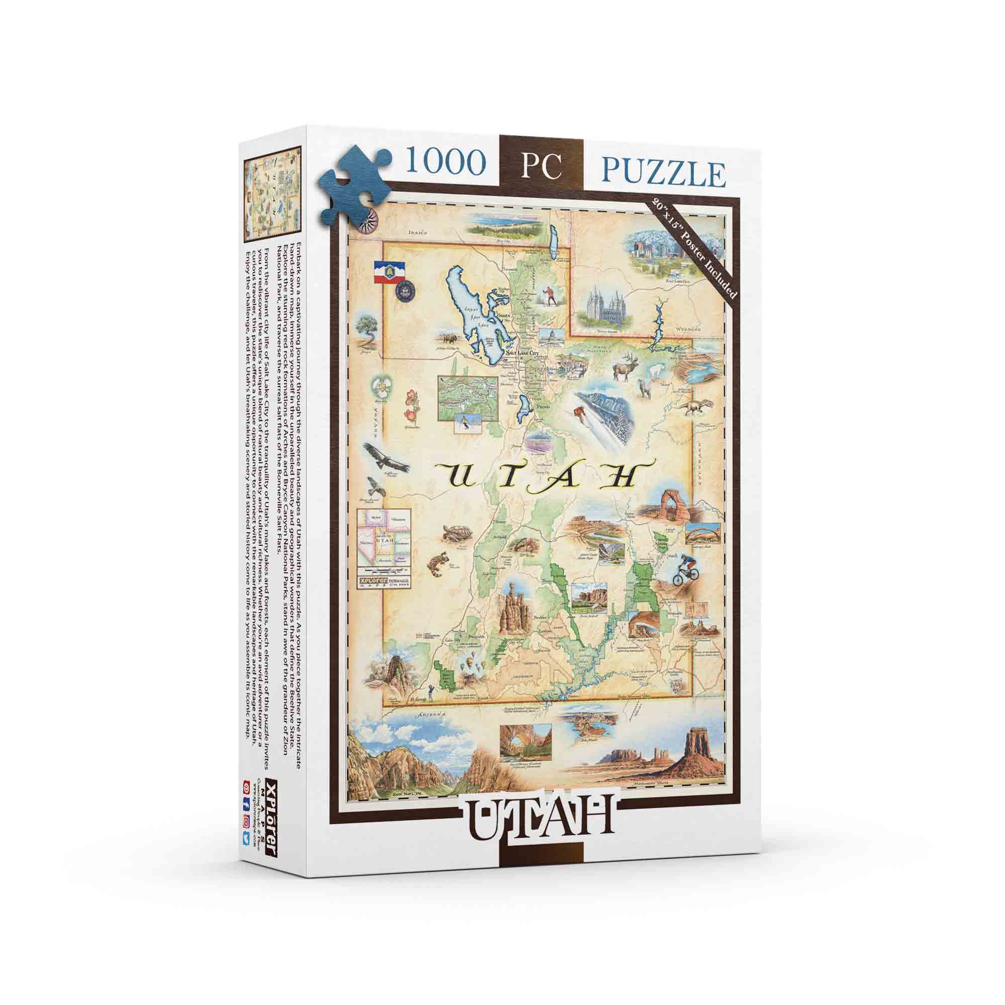  Our Utah Map puzzle is a captivating exploration of the state's diverse landscapes, featuring intricate details of popular cities, iconic landmarks such as Arches National Park and Bryce Canyon, and vibrant flora and fauna indigenous to the region. Measuring 19.8