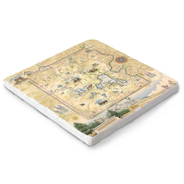 Hand-drawn Yellowstone National Park map on a 6x6 natural stone trivet by Xplorer Maps.