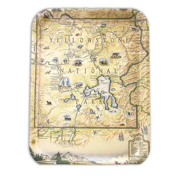 Yellowstone National Park Serving tray featuring illustrations of Grizzly bears, wolves, Mountains, elk and many more.