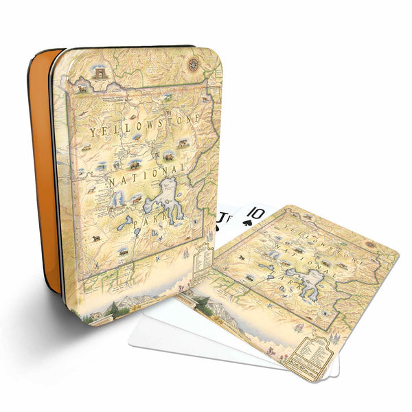 Yellowstone Nation Parks Map Playing cards that features iconic attractions, flora and fauna of that area - Orange Metal Tin