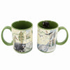 Two green 16 oz Yosemite National Park Ceramic coffee Mug. The map features illustrations of places such as Vernall Falls, El Capitan, and Half Dome. Flora and fauna include black bear, mule deer, Indian paintbrush, grey owl, and coyote. Other illustrations include John Muir, mountain climbing, hiking, and Ansel Adams.