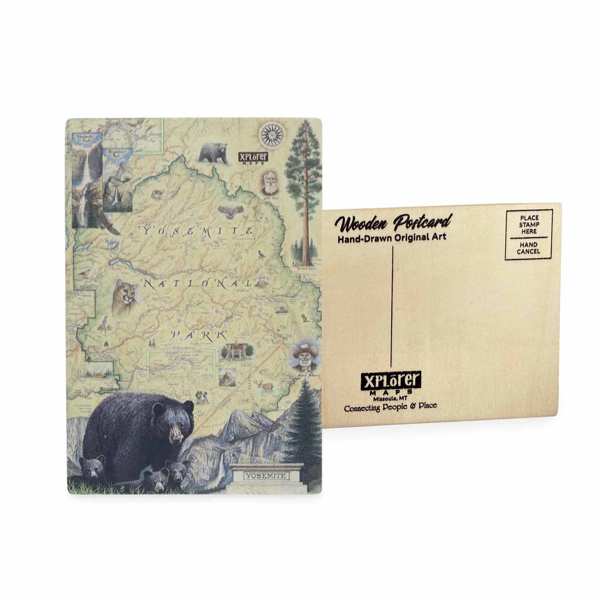 Yosemite National Park Map wooden postcard in earth tone colors featuring hand-drawn illustrations of Half Dome, El Capitan, waterfalls, and local wildlife.