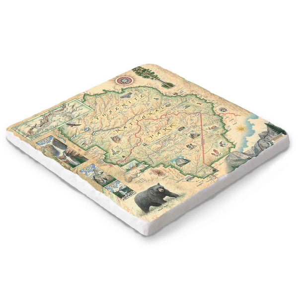 Hand-drawn Yosemite National Park map on a 6x6 natural stone trivet by Xplorer Maps.