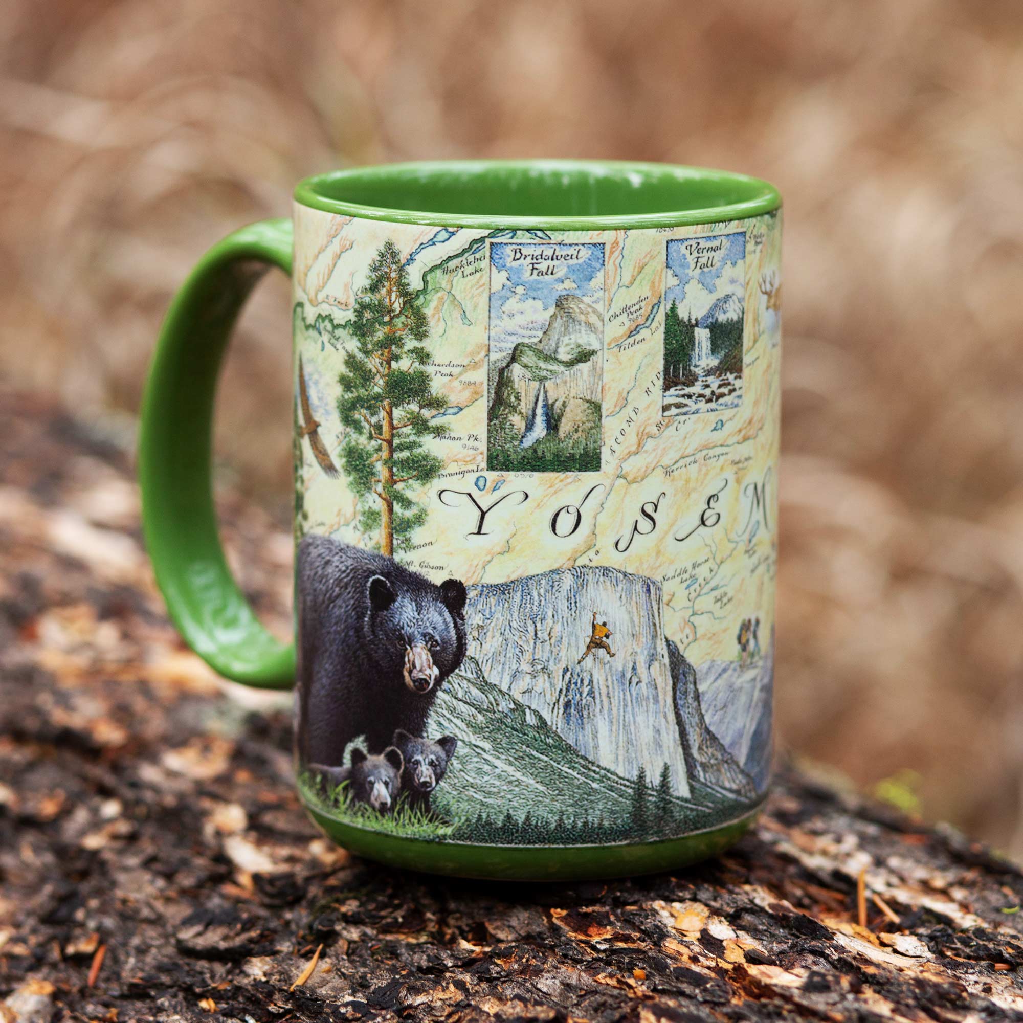 Green 16 oz Yosemite National Park Ceramic Mug with handle sitting on a log in a forest. 