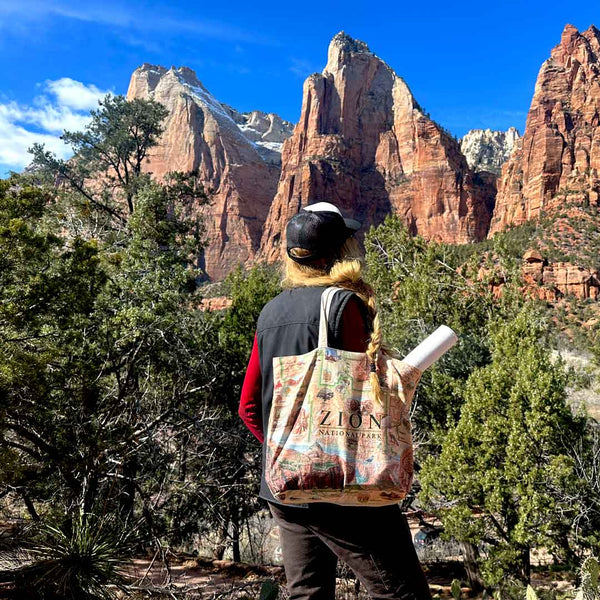 A hiker in Zion National Park with a Zion map canvas tote bag. In the background are large red rock mountains.