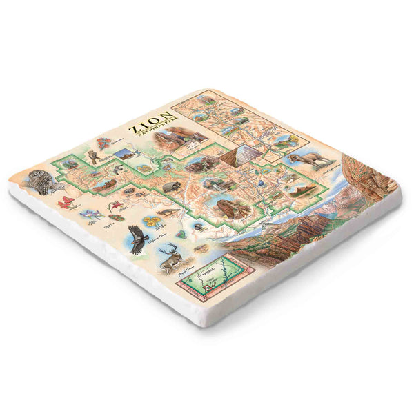 Hand-drawn Zion National Park map on a 4x4 natural stone trivet by Xplorer Maps.