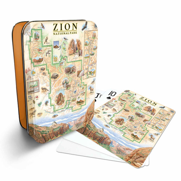 Zion Nation Park Map Playing cards that features iconic attractions, flora and fauna of that area - Orange Metal Tin