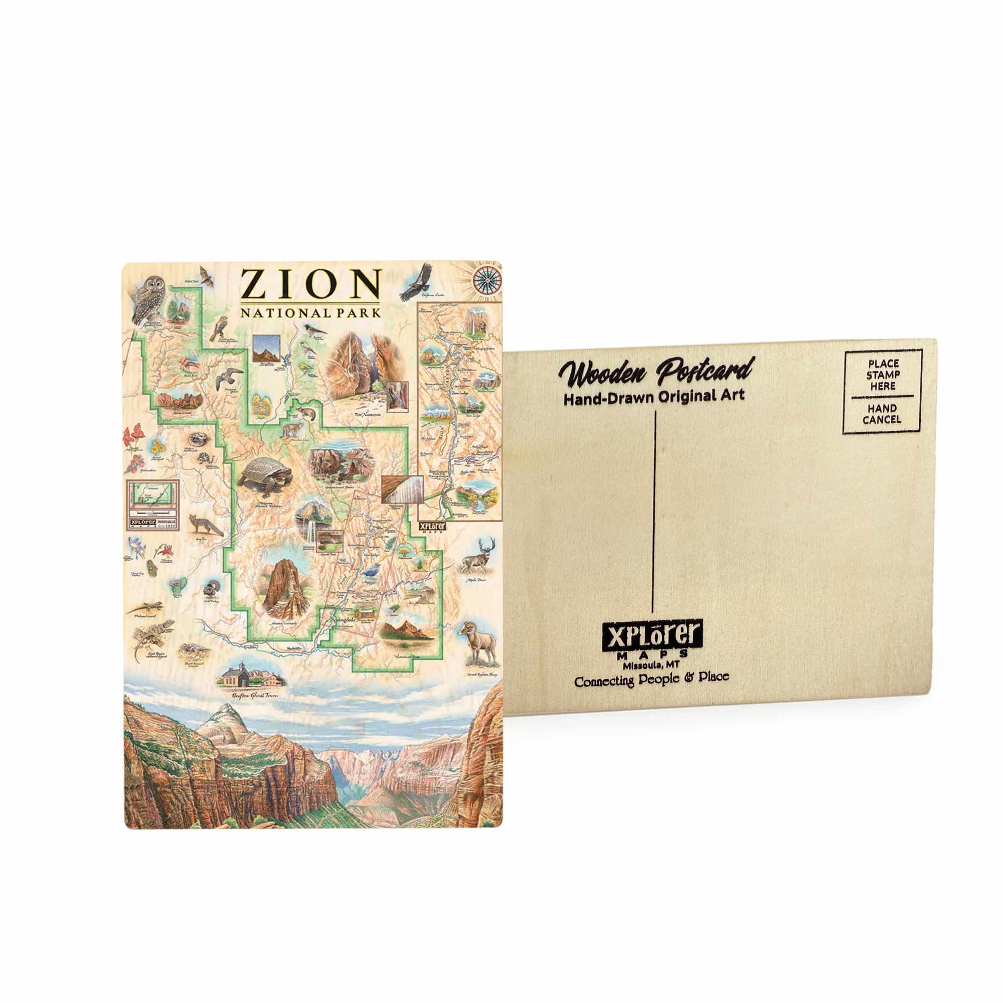 Zion National Park wooden postcard in earth tone colors featuring Angels Landing, desert bighorn sheep, canyon landscapes, and native plants.