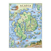 Acadia National Park Hand-Drawn Map 18x24 - blue and green earth tones. Features historical sites such as: Cadillac Mountain, Jordan Pond Gatehouse, Park Loop Road, Sand Beach, Otter Cliff, and Thunder Hole. Flora and fauna Harbor Seal, Humpback and Finback Whales, the Common Loon, White-tailed Deer, Red Fox and Goldenrod, and Blue Aster wildflowers.
