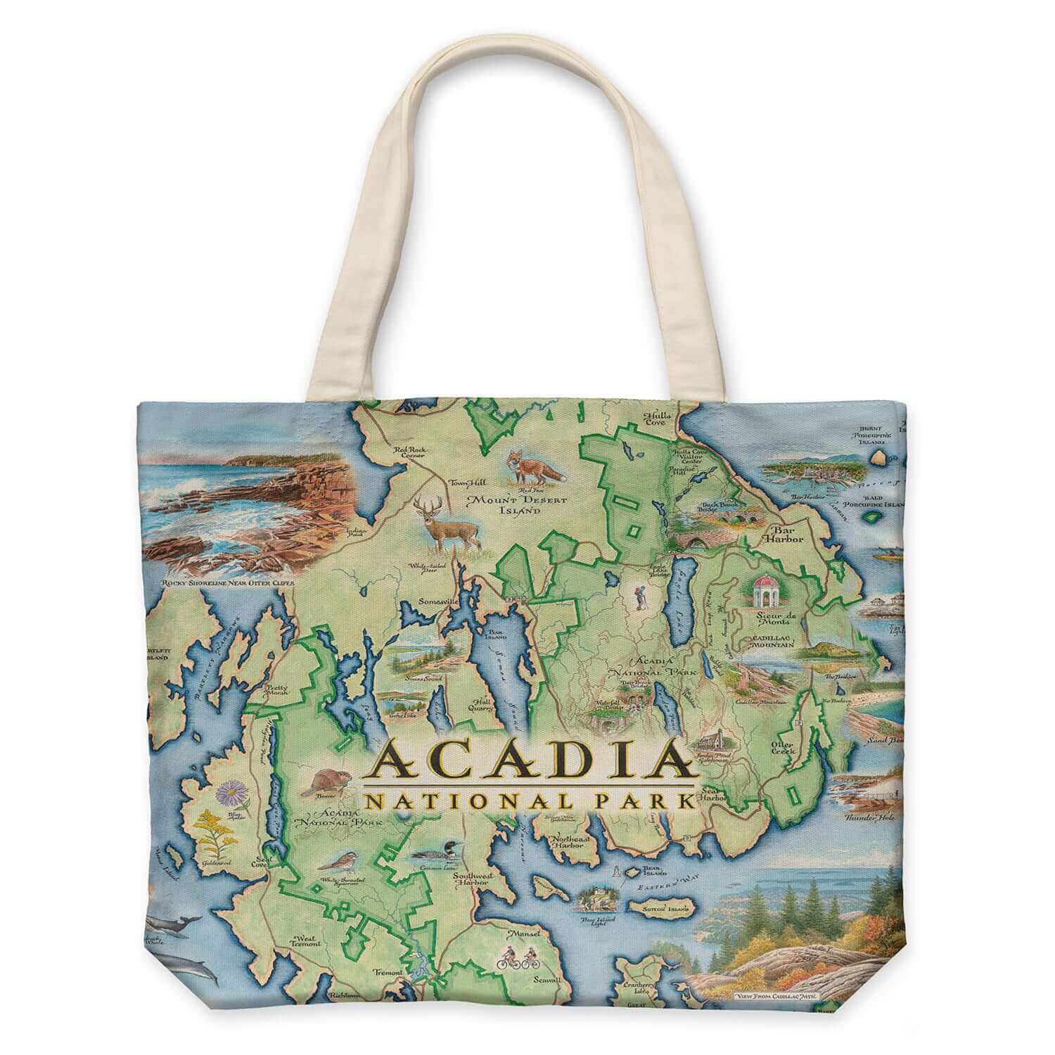 Maine's Acadia National Park Map Canvas Tote Bag in Earth Tone colors. Featuring Otter Cliffs, Thunder Hole, Mount Desert Island, and a lighthouse. Flora and fauna include; native flowers, a fox, a deer, a beaver, birds, and whales.