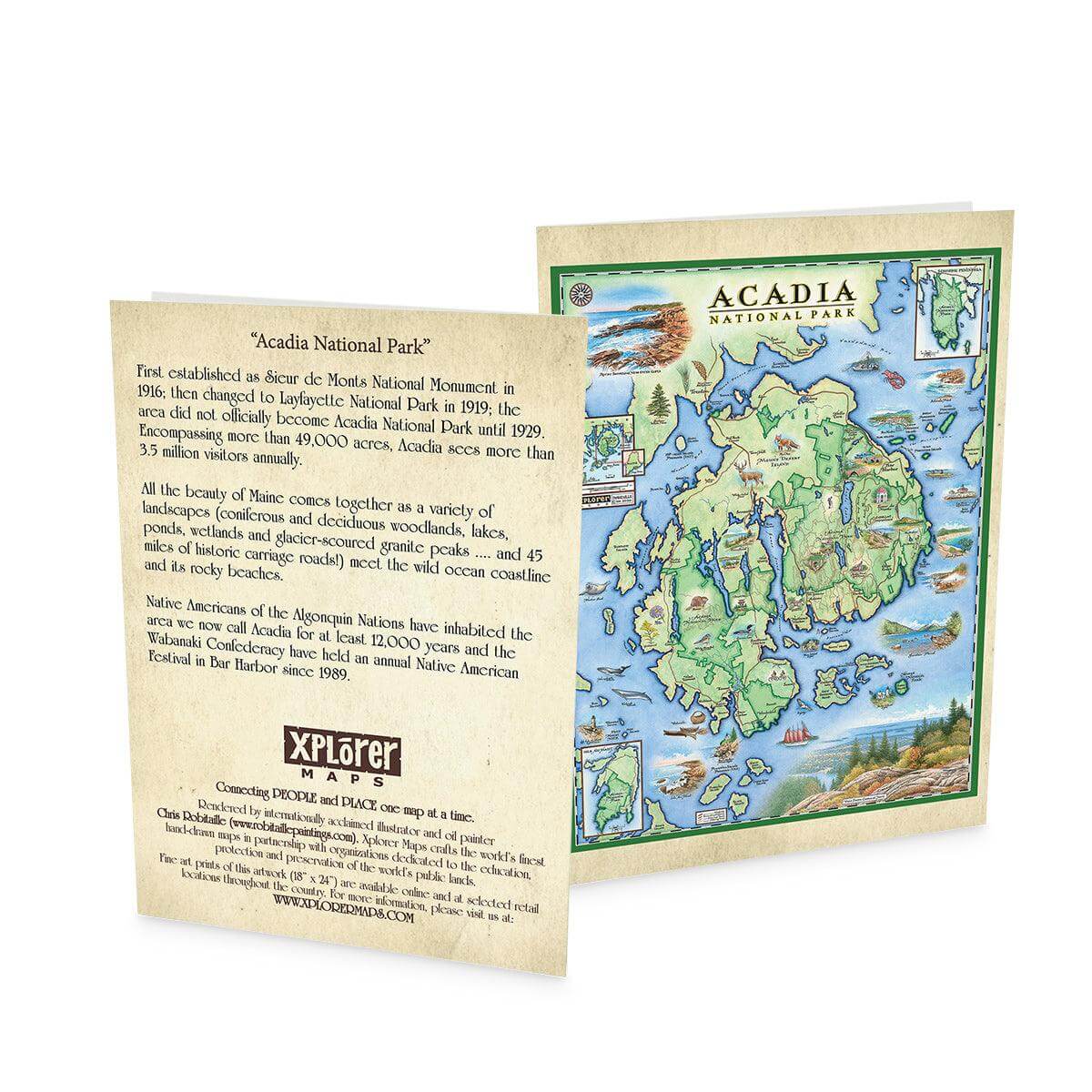 Acadia National Park Map Notecard pack of 12. Featuring Cadillac Mountains, Lobster, fishing boats, and Otter Cliffs.