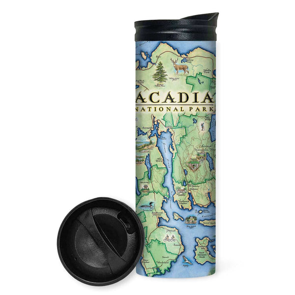 Maine's Acadia National Park Map -16 oz Travel Drinkware. Featuring a lobster, lighthouse, water, osprey, and trees in earth-tone colors. Cities like Portland, Cranberry Isle, Bass Harbor, and Southwest Harbor. Lakes are also depicted on the mug, like Echo Lake and Eagle Lake.