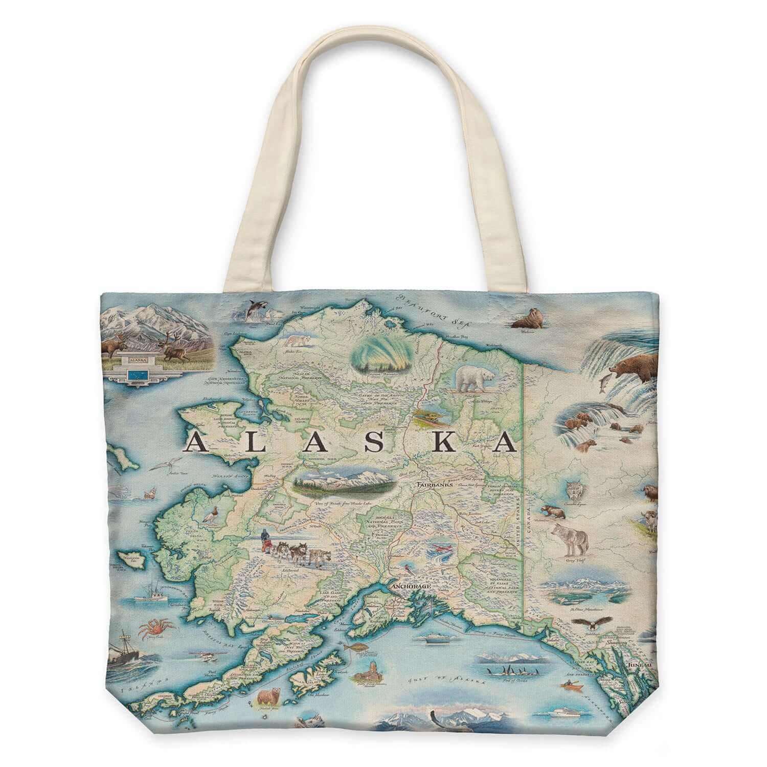 Alaska State map canvas tote bag in earth tone colors - featuring Anchorage, Juneau, Fair Banks, Denali National Park, Iditarod Trail Sled Dog Race, bears, elk, moose, whales, a mountain goat & a sheep. 