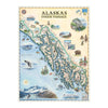 Alaska's Inside Passage Hand-Drawn Map in earth tone colors of blue and beige. It features Island in the Sky, Panorama Point Overlook, Angel Arch, Chester Park, Pete’s Mesa, Colorado and Green River, Park Avenue, Double Arch, Balanced Rock, Tower Arch, Double O Arch, and Delicate Arch. Wildlife and plants include rattlesnakes, bobcats, Desert Bighorn sheep, falcons, golden eagles, red foxes, porcupines, mule deer, mountain lions, coyotes, and lizards. Indian Paintbrush, Claret Cup Cacti, and Columbines.